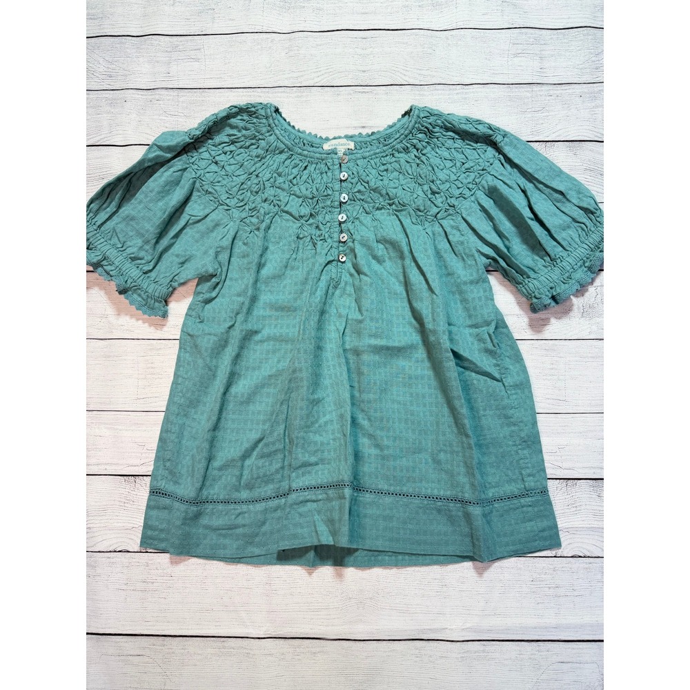 Sundance Women's XS Blouse Teal Blue 100% Cotton Smocked Puff Sleeve Langelook